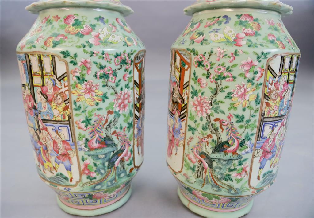 A pair of large Chinese celadon ground famille rose two handled vases, second half 19th century, 62.5cm high